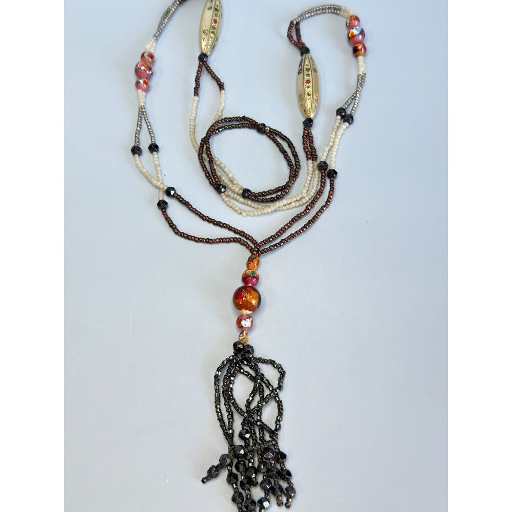 Vintage Beaded Tassel Necklace Multicolor Glass Beads MOP Boho Chic Style - Picture 2 of 6